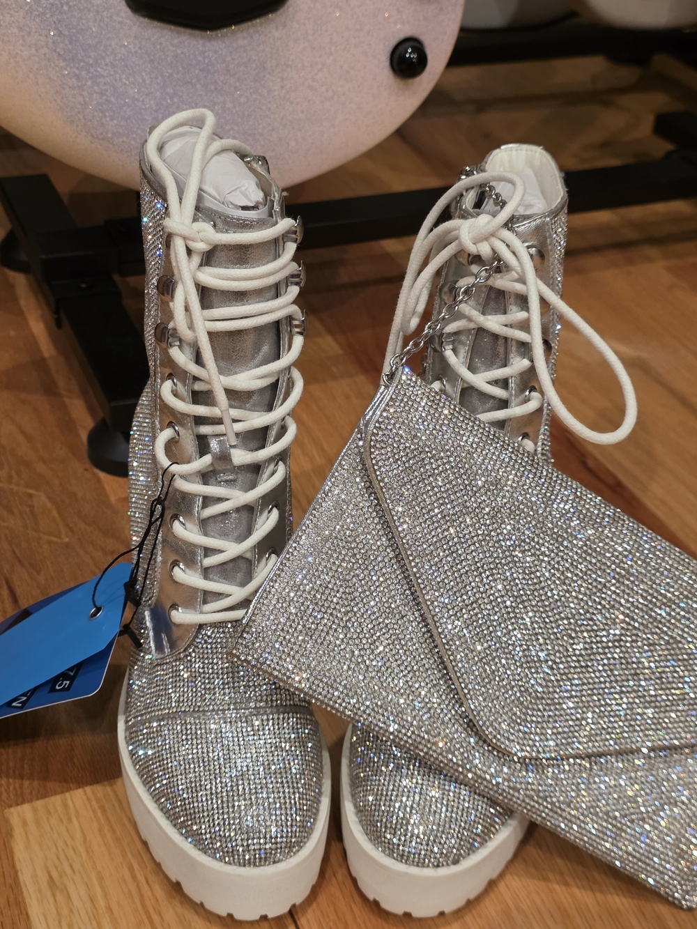 Steve Madden X Winnie Harlow Rhinestone Combat Boots And Clutch Set